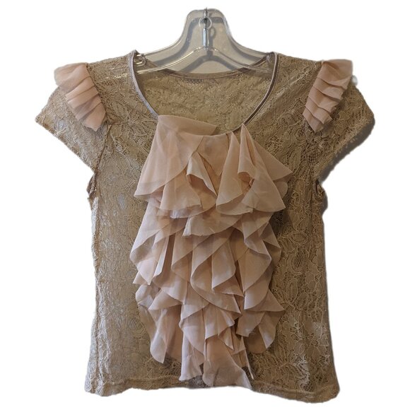 Vintage Y2K Lace Ruffle Sheer Top Coquette Fairycore Blouse Beige Sheer Sz XS - Picture 2 of 9